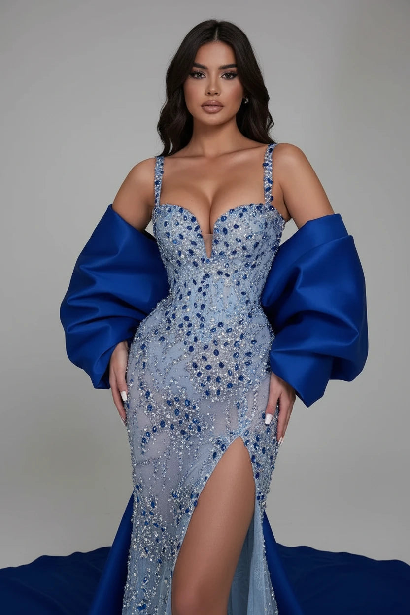 Women's Luxury Spaghetti Strap Crystal Beaded Mermaid Maxi Evening Dress with Blue shawl BY KONFIDENTIAL KOUTURE