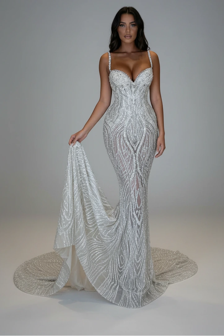 Women's Spaghetti Strap Sweetheart Lace Sequin high end Maxi Evening Dress BY KONFIDENTIAL KOUTURE