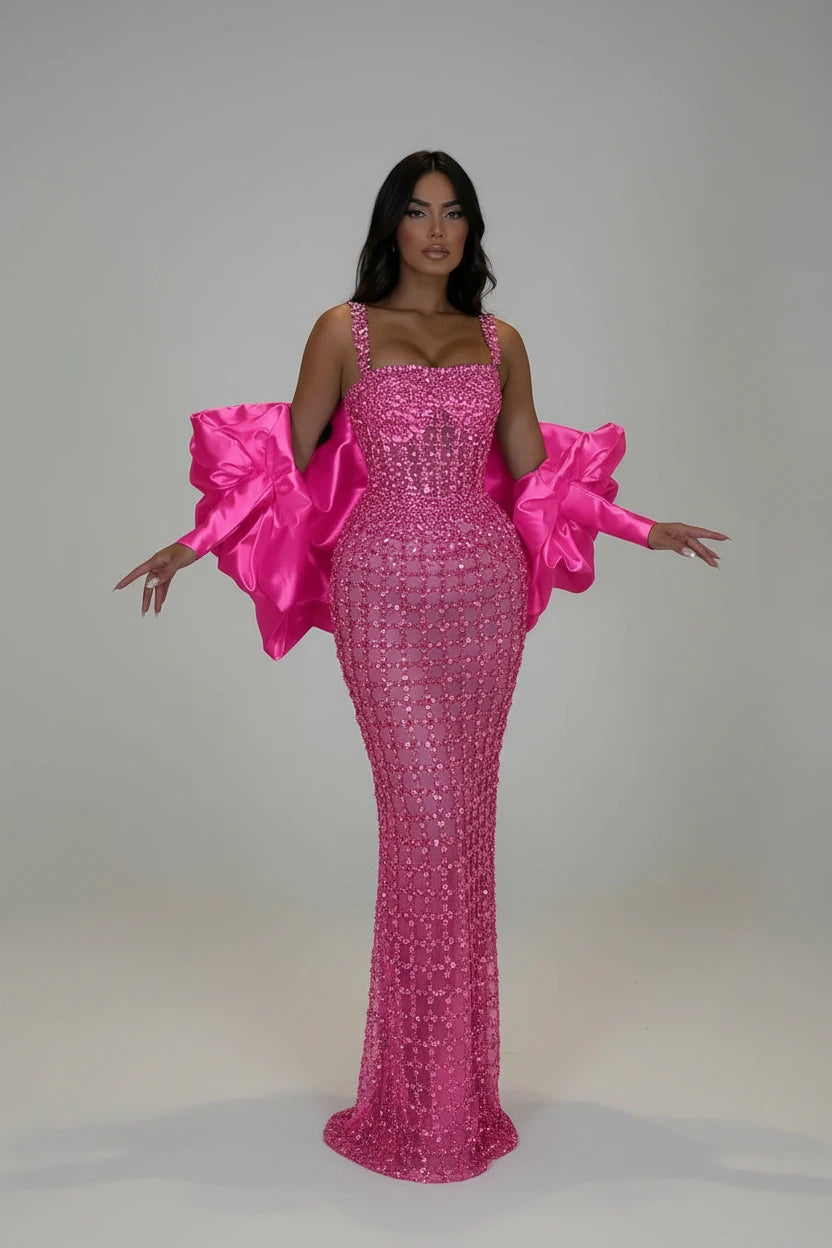Women's Spaghetti Strap CRYSTAL Beaded Mermaid Maxi Evening Dress BY KONFIDENTIAL KOUTURE 