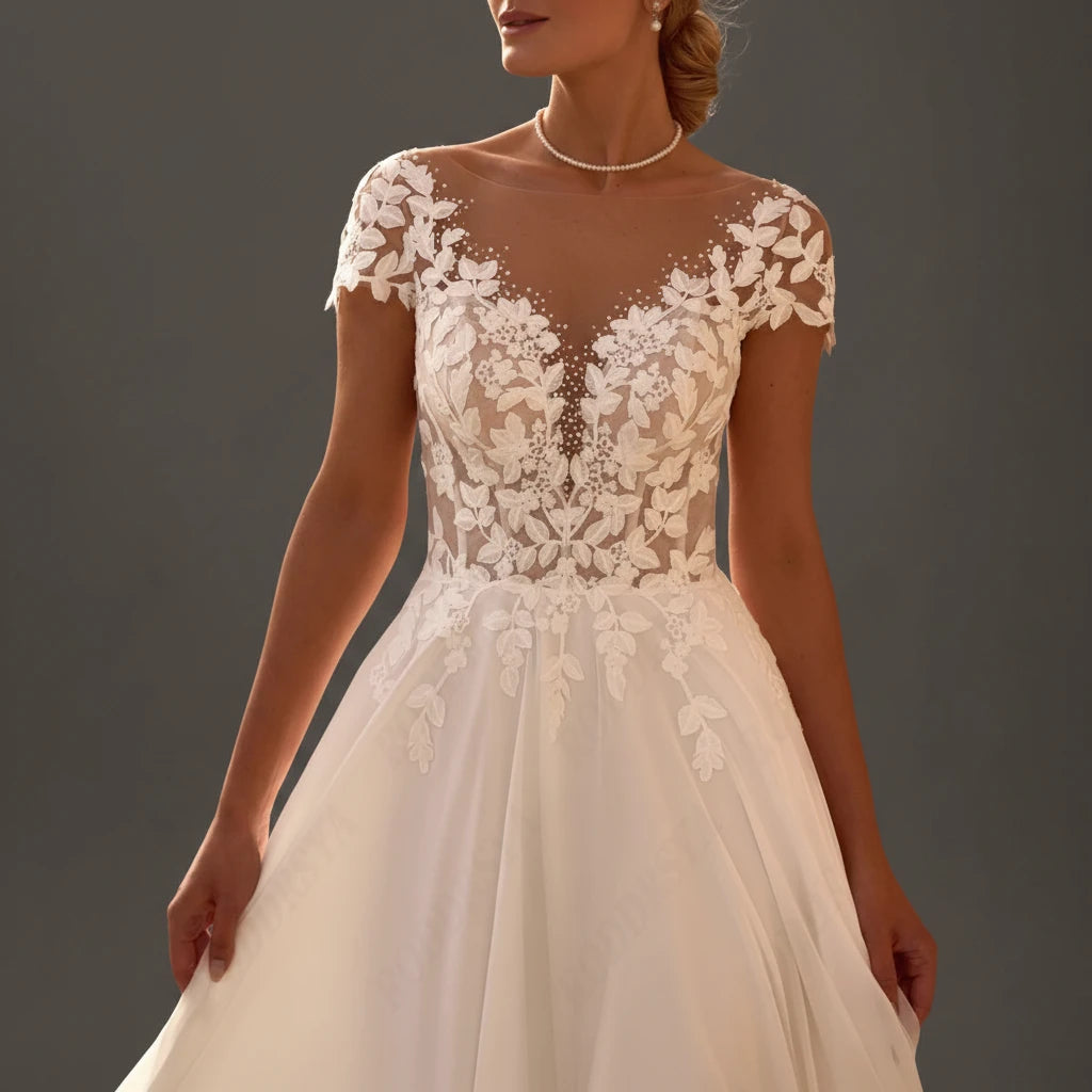 Illusion Cap-Sleeve Lace Applique Chiffon A-Line Wedding Gown | Konfidential Kouture 
