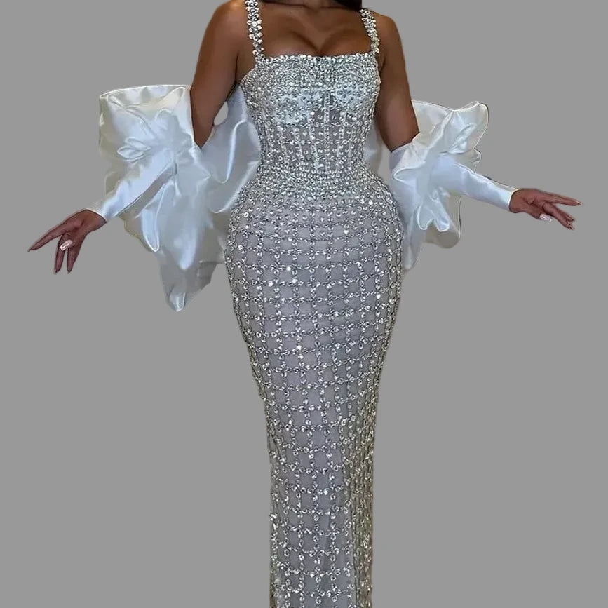 Women's Spaghetti Strap Beaded Mermaid Maxi Evening Dress KONFIDENTIAL KOUTURE