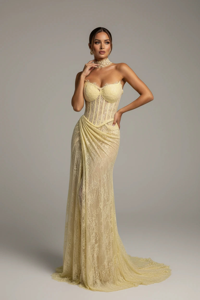 Yellow Strapless Lace Mermaid Maxi High-End Evening Dress BY KONFIDENTIAL KOUTURE