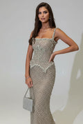 Luxury Hand Beaded Couture Gown with Crystal Embellishments and Corset Tie Back BY KONFIDENTIAL KOUTURE