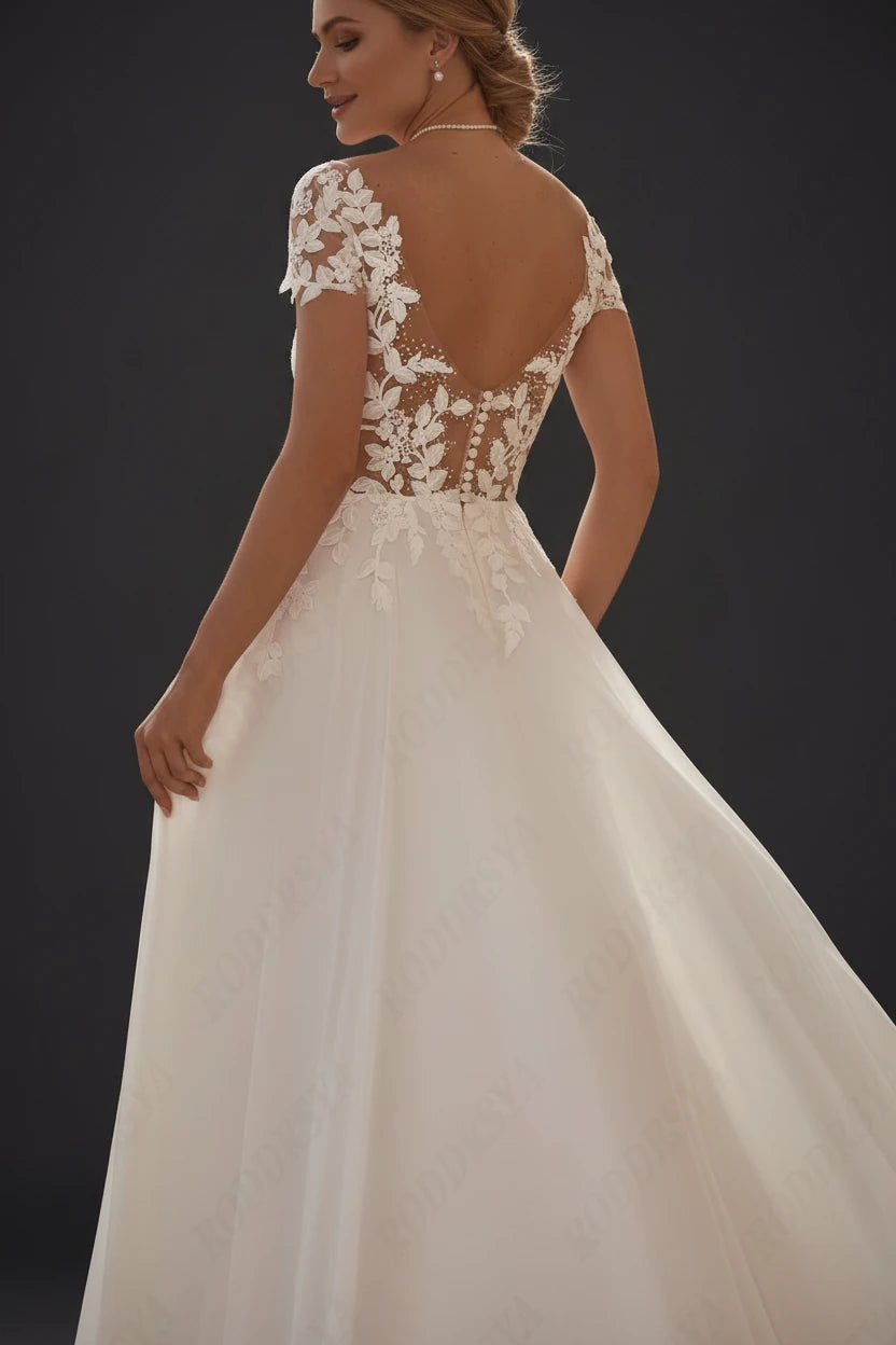 Illusion Cap-Sleeve Lace Applique Chiffon A-Line Wedding Gown | Konfidential Kouture 
