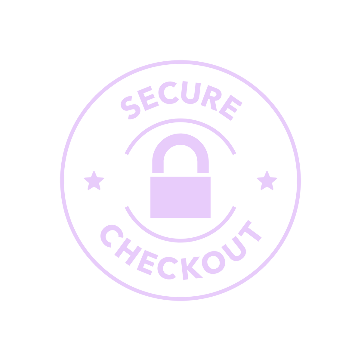 A circular light purple graphic with a padlock icon in the center and the words 'SECURE CHECKOUT' around it, shown on a plain white background.
