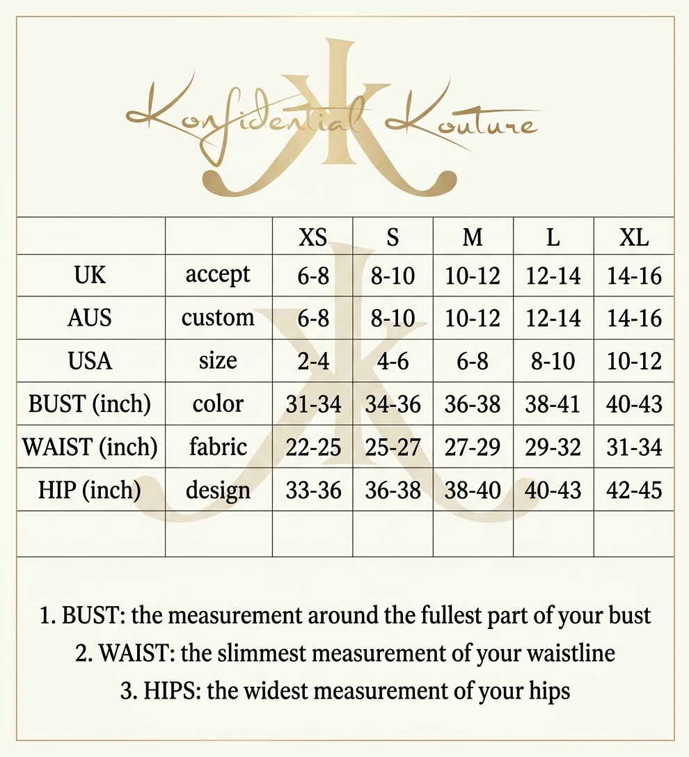 A size chart table for Confidential Couture, showing measurements in inches for sizes XS through XL, with UK and AUS size ranges, fabric and bust color ranges, and hip size ranges. Definitions for bust, waist, and hips are provided at the bottom.
