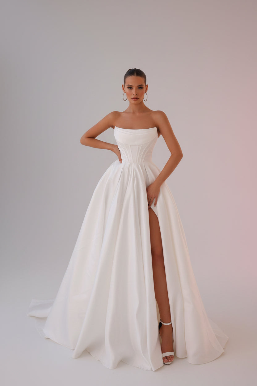 Strapless A-Line Satin Formal Wedding Ball Gown Dress | Konfidential Kouture 