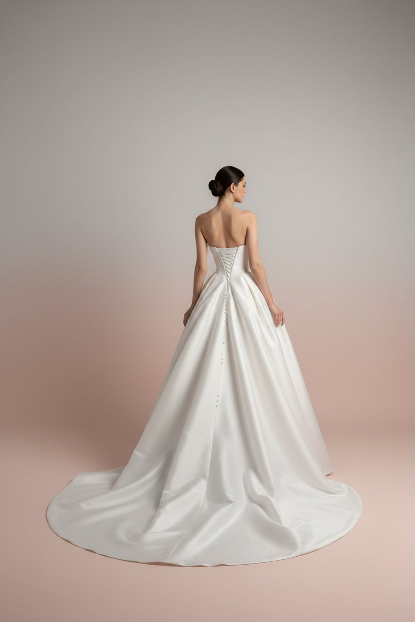 Strapless A-Line Satin Formal Wedding Dress Ball Gown | Konfidential Kouture 