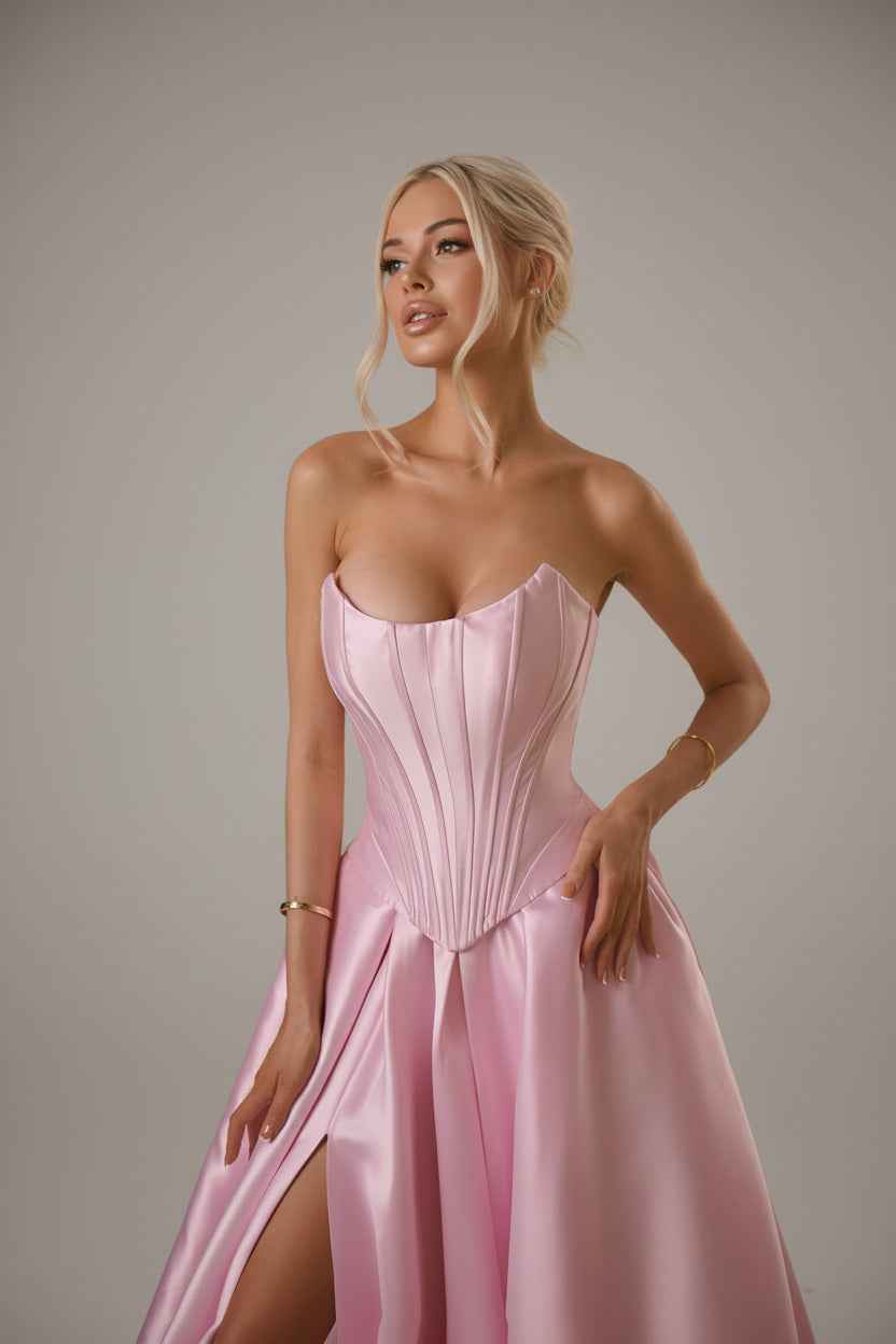 Strapless Floor-Length Mikado Corset Formal Gown by Tina Holly