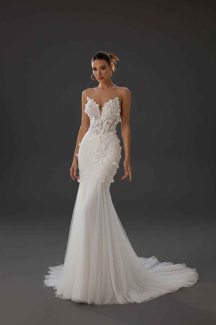 Long 3D Floral Applique Mermaid Wedding Dress
