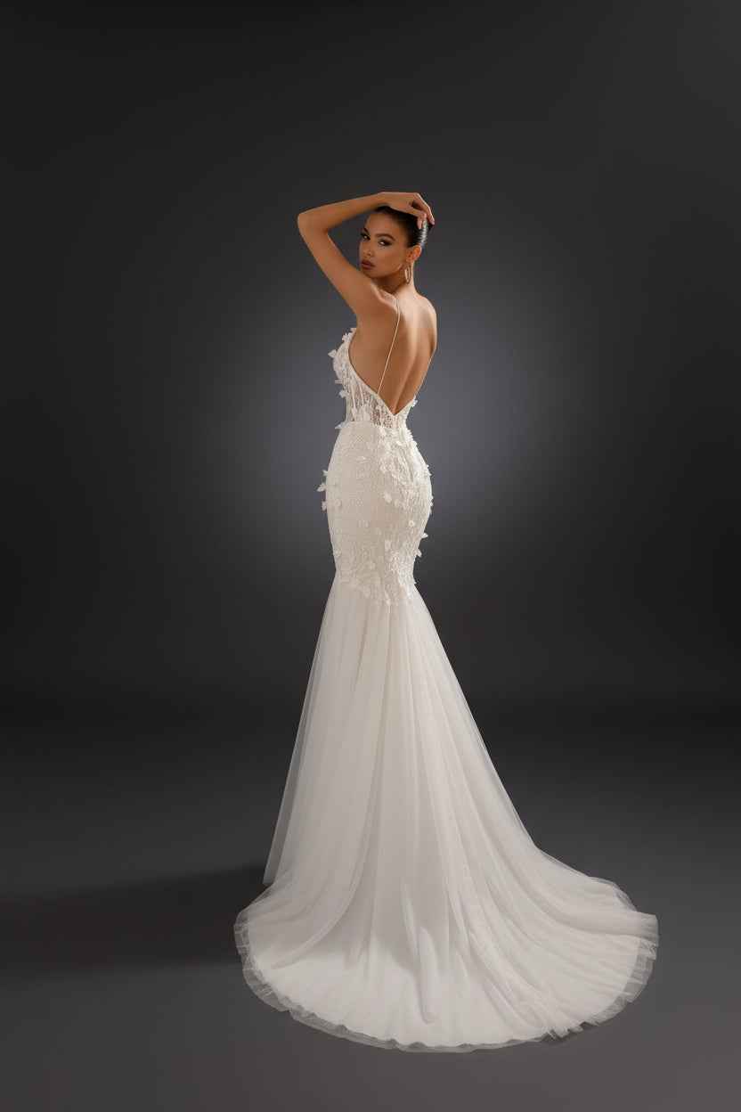 Long 3D Floral Applique Mermaid Wedding Dress
