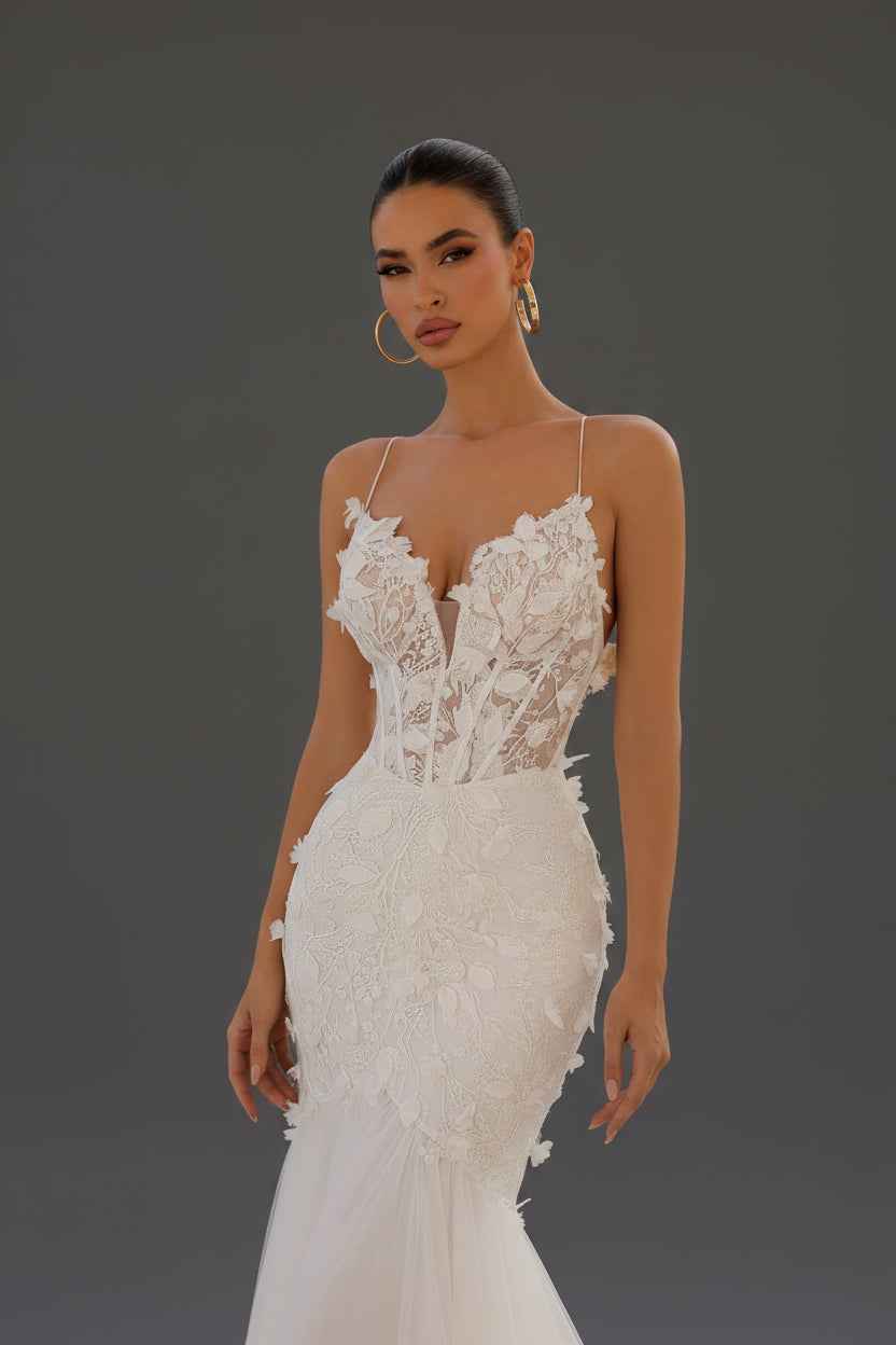 Long 3D Floral Applique Mermaid Wedding Dress