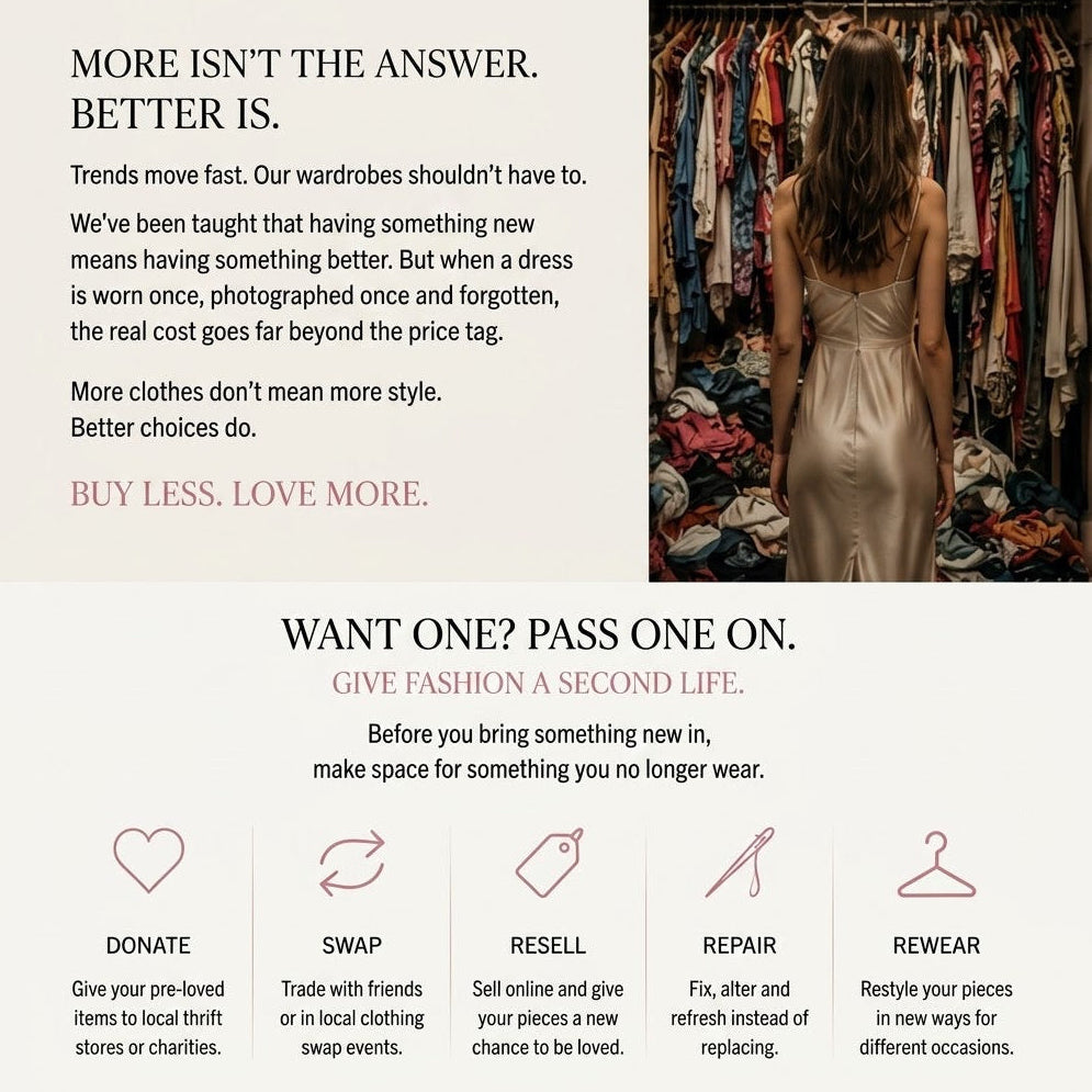 An informational fashion marketing graphic with text on the left and a woman seen from behind wearing a beige dress in front of a clothing rack on the right. The text promotes a second-hand fashion platform with options like donate, swap, resell, repair, and rewear.