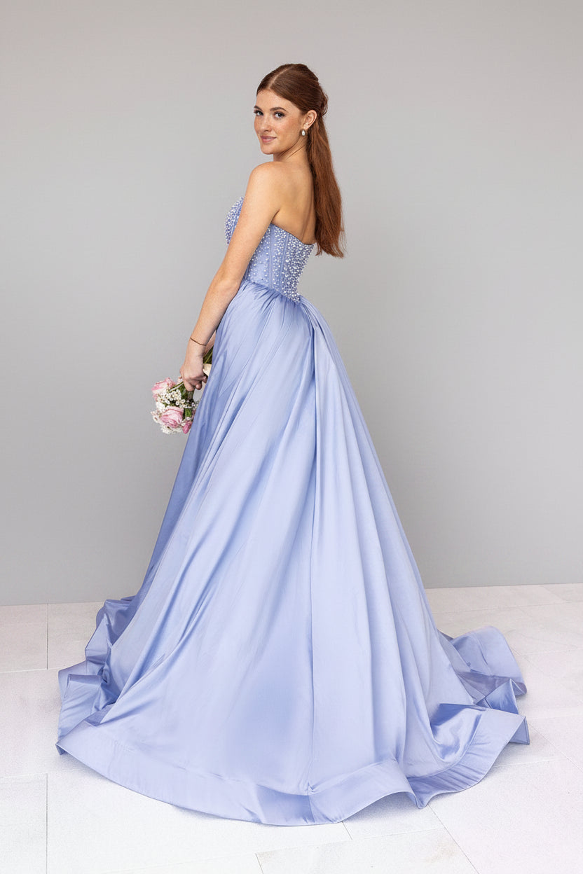 portia and scarlett Sweetheart Floor-Length Satin Corset Formal Ball Gown back view in lavender, available at konfidential kouture nz