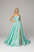 Portia & Scarlett Sweetheart Floor-Length Satin Corset Formal Ball Gown in mint, Available at Konfidential Kouture NZ