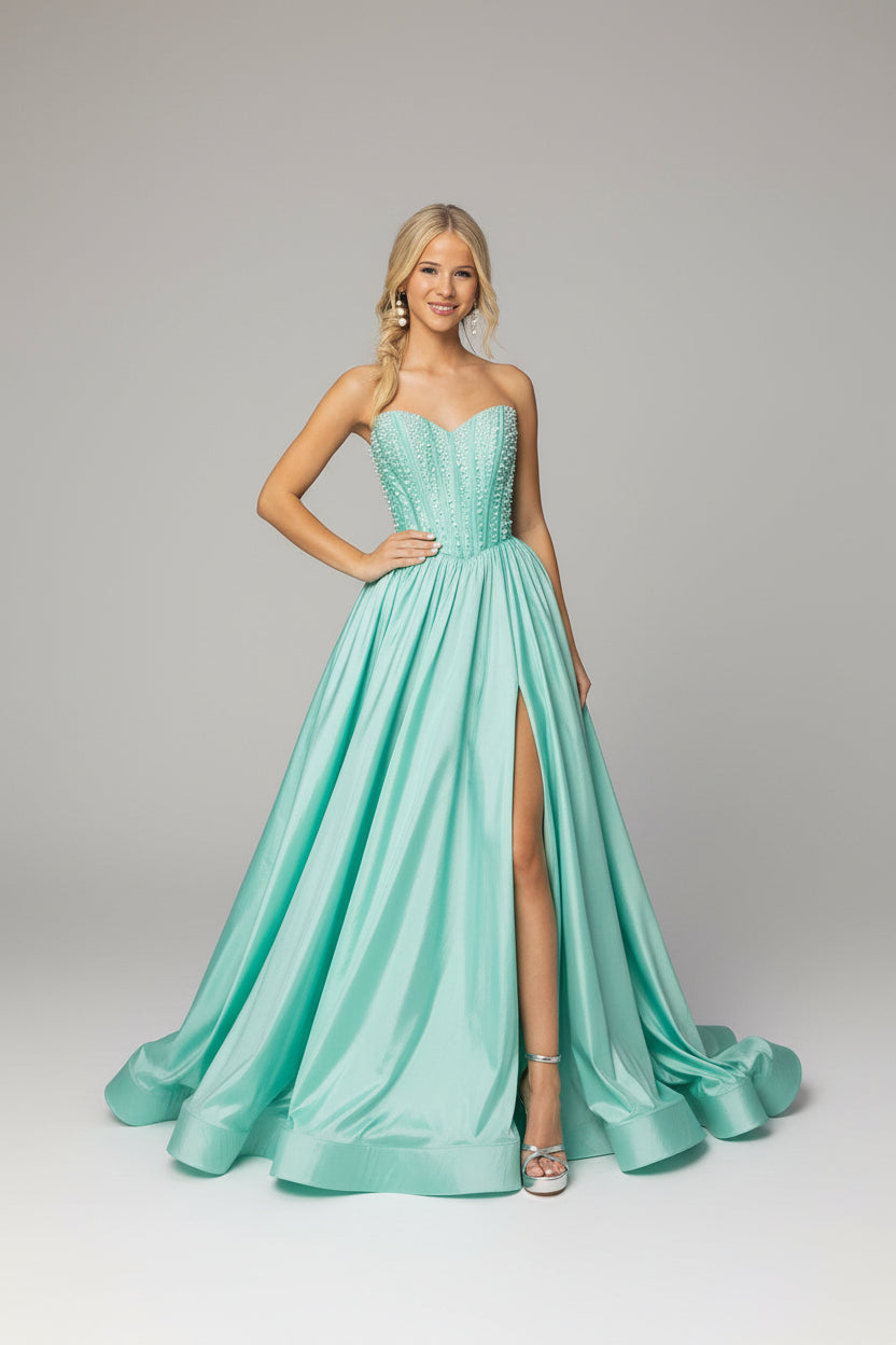 Portia & Scarlett Sweetheart Floor-Length Satin Corset Formal Ball Gown in mint, Available at Konfidential Kouture NZ