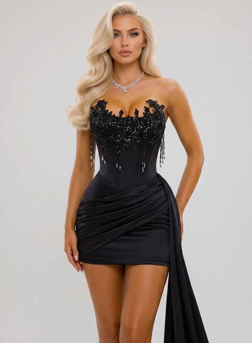 Midnight Onyx Corset Mini Gown with Floor-Length Train