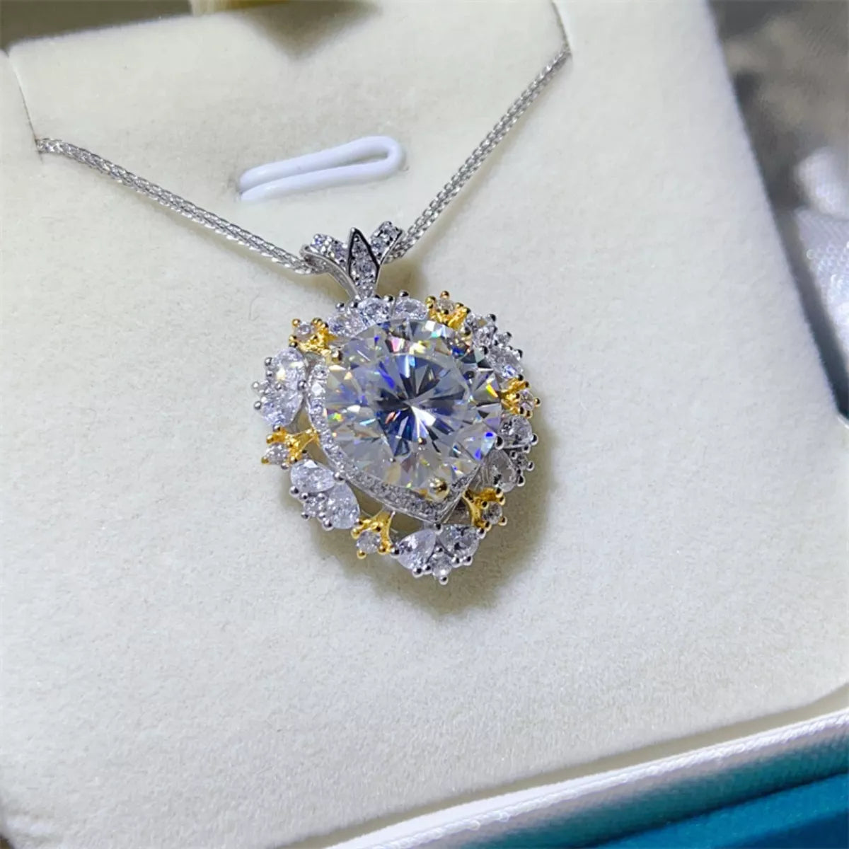 Diamond necklace on a white cushion with a blurred background