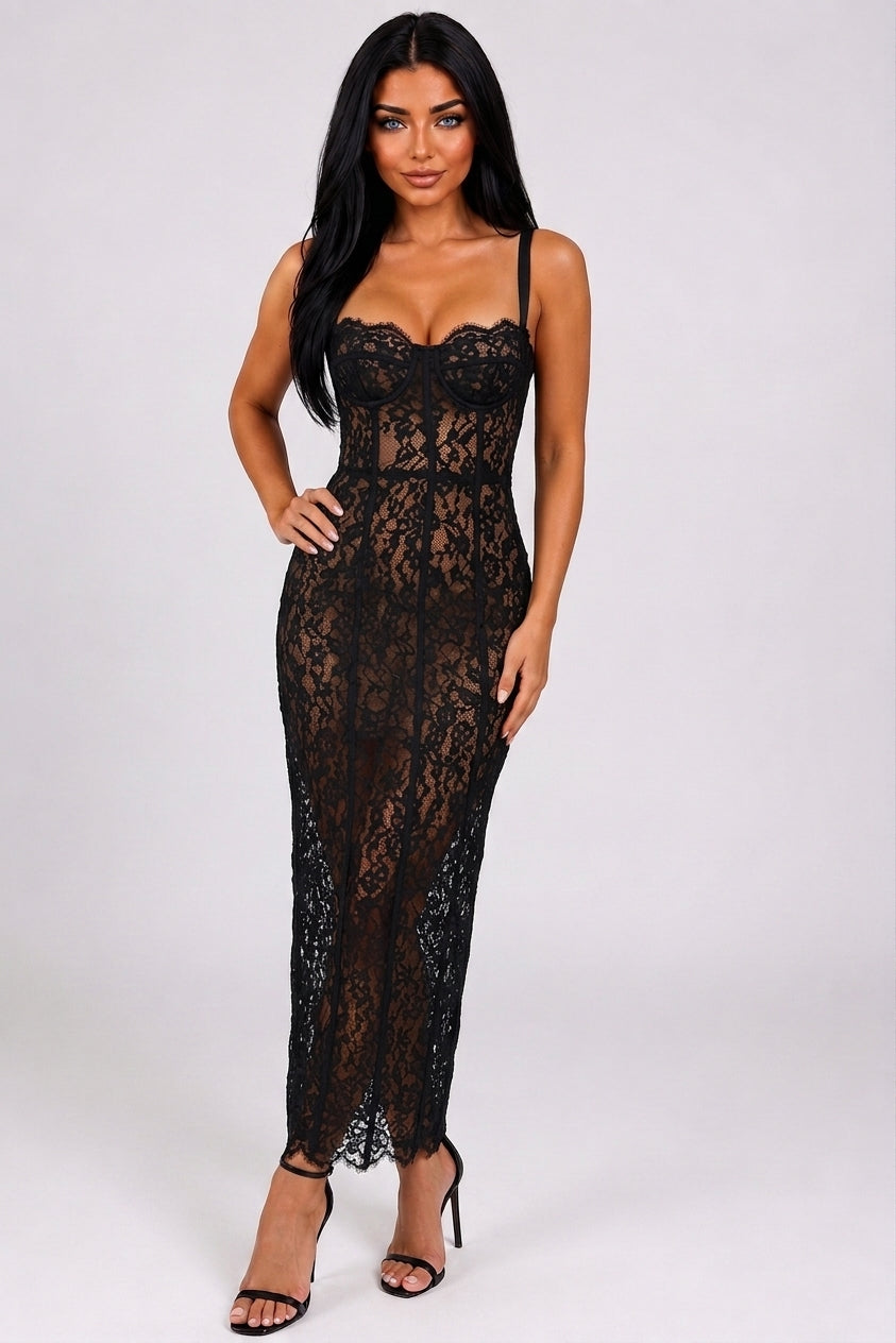 Women's Halter Sleeveless Lace Floor-Length Evening Dress