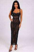 Women's Halter Sleeveless Lace Floor-Length Evening Dress