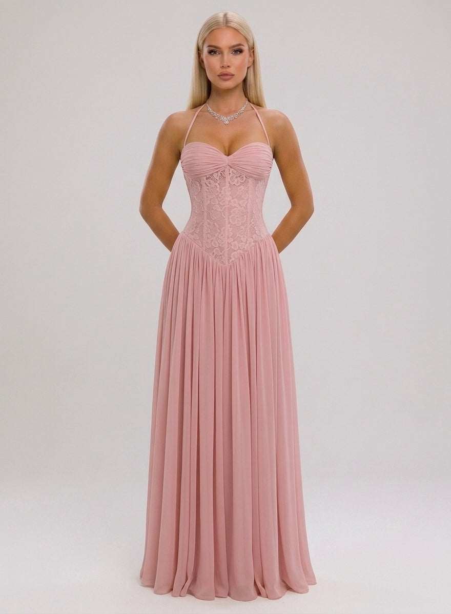 Women's Halter Lace-Up A-Line Maxi Evening Dress