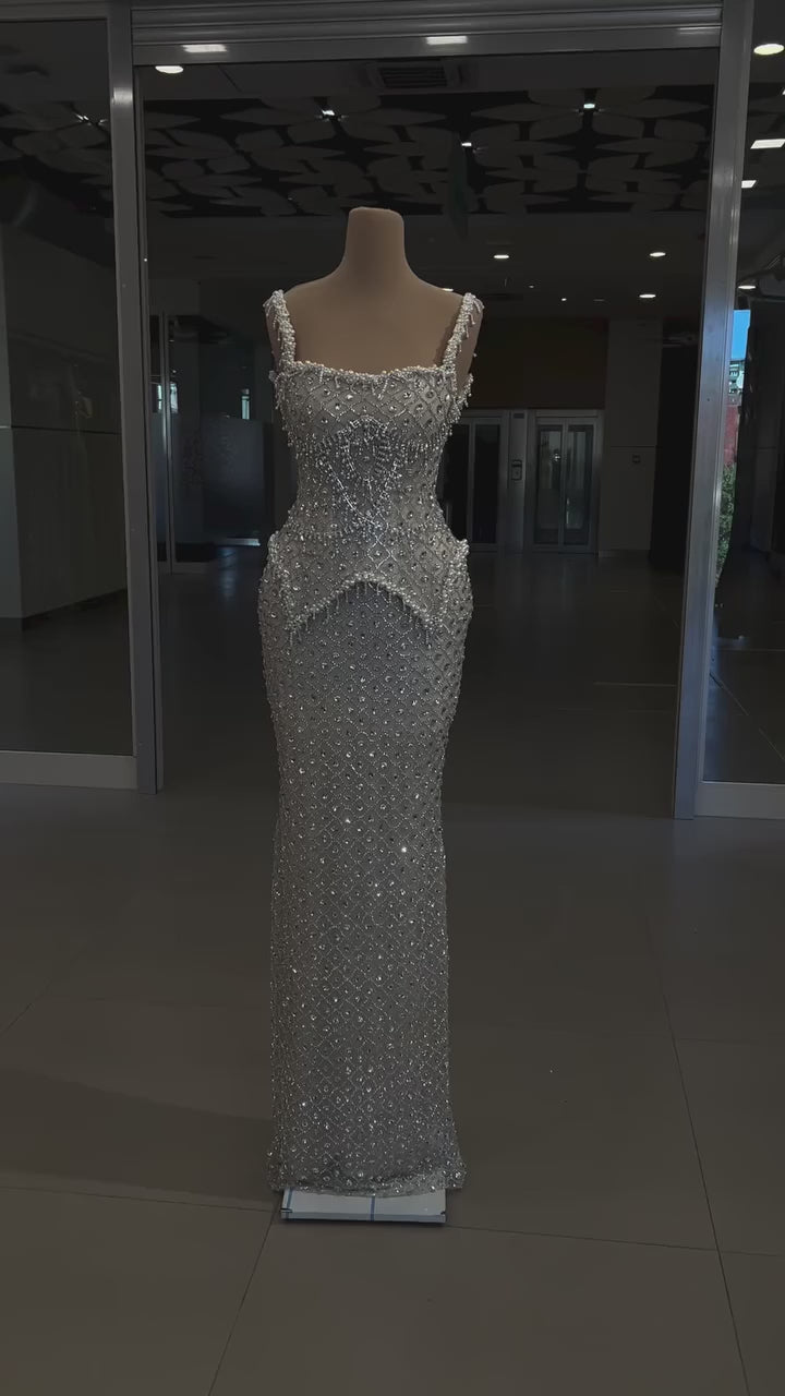 Luxury Hand Beaded Couture Gown with Crystal Embellishments and Corset Tie Back BY KONFIDENTIAL KOUTURE