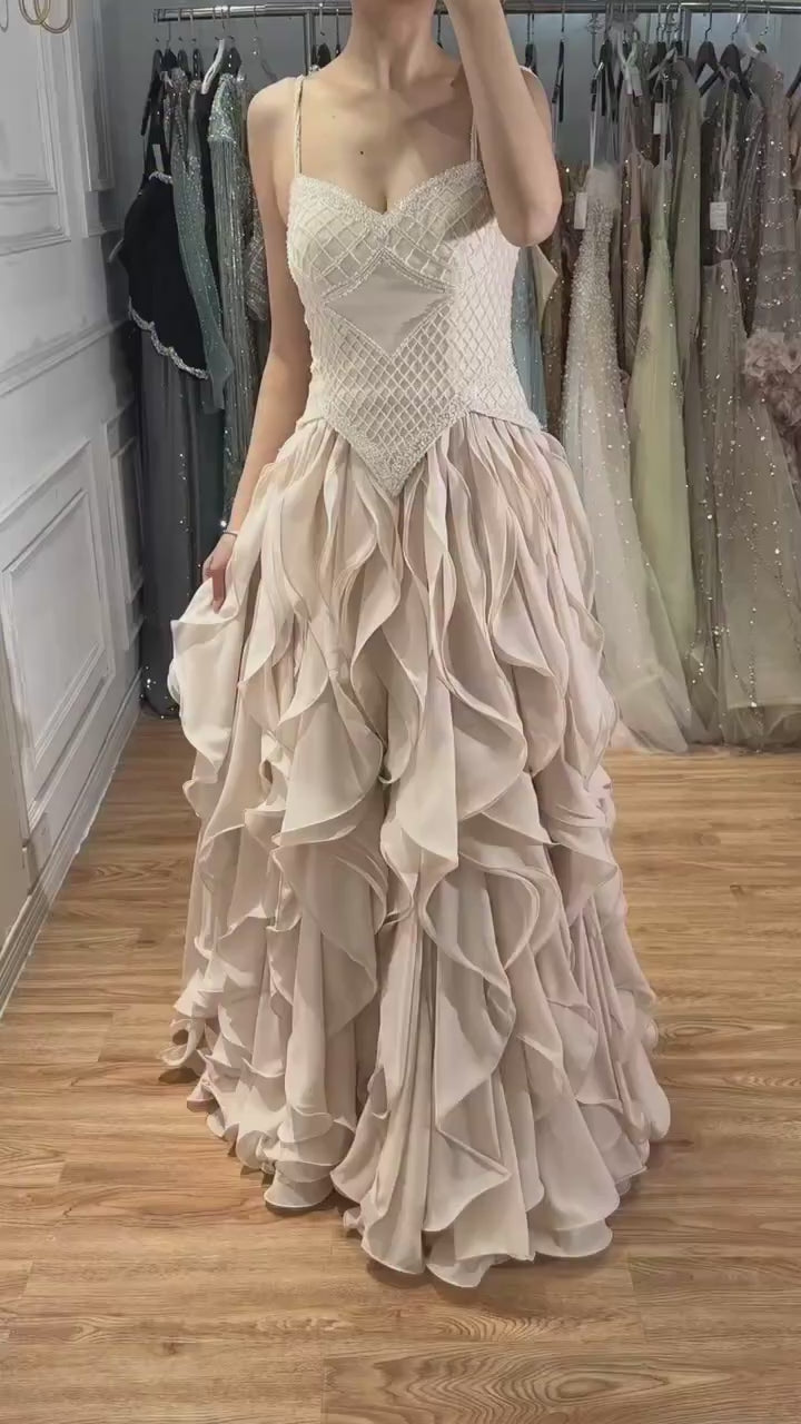 Women's Spaghetti Strap A-Line Beaded Evening Dress Beige