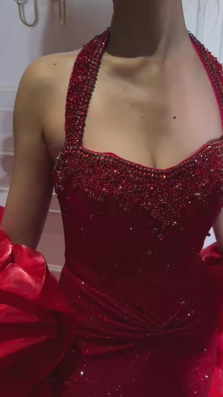 Women's Halter Sequined Mermaid Evening Dress Red