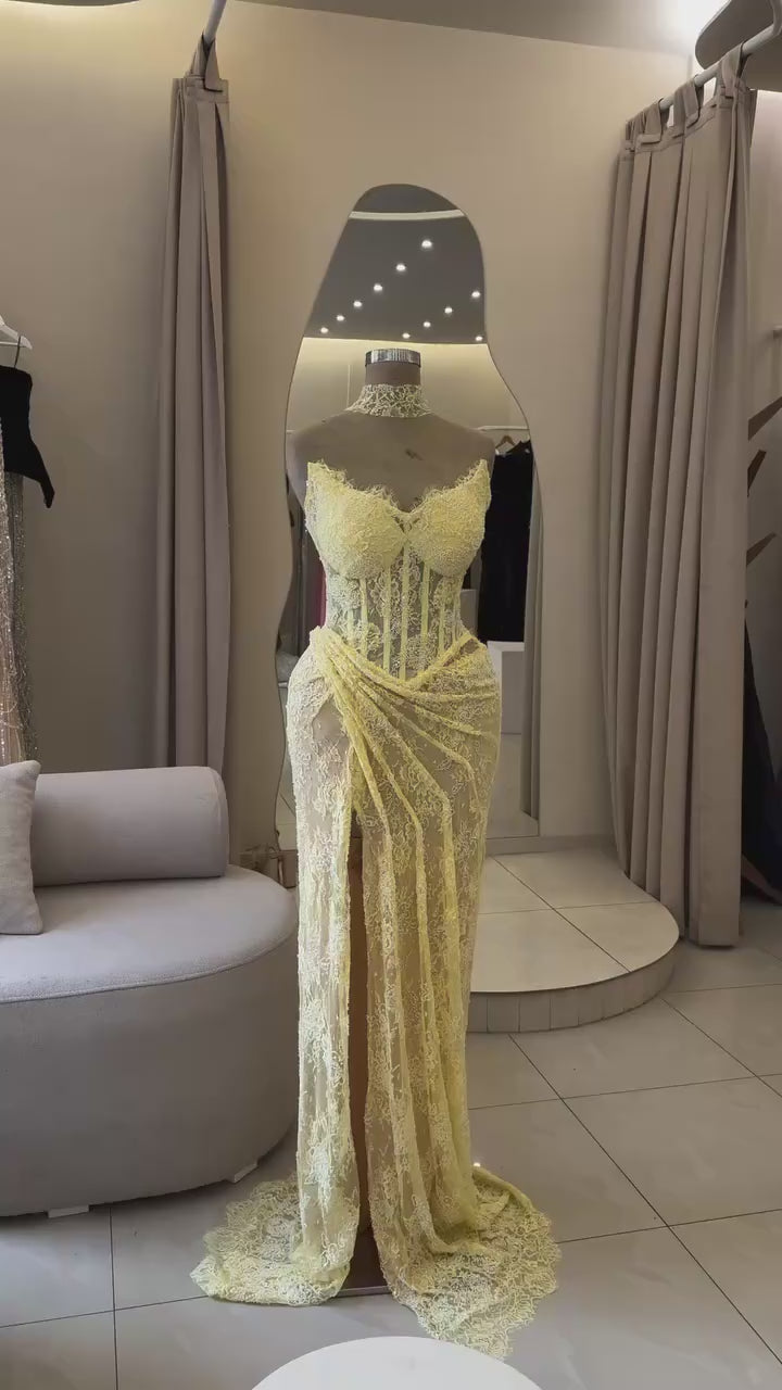 Women's Strapless Lace Crystal Mermaid Maxi Evening Dress