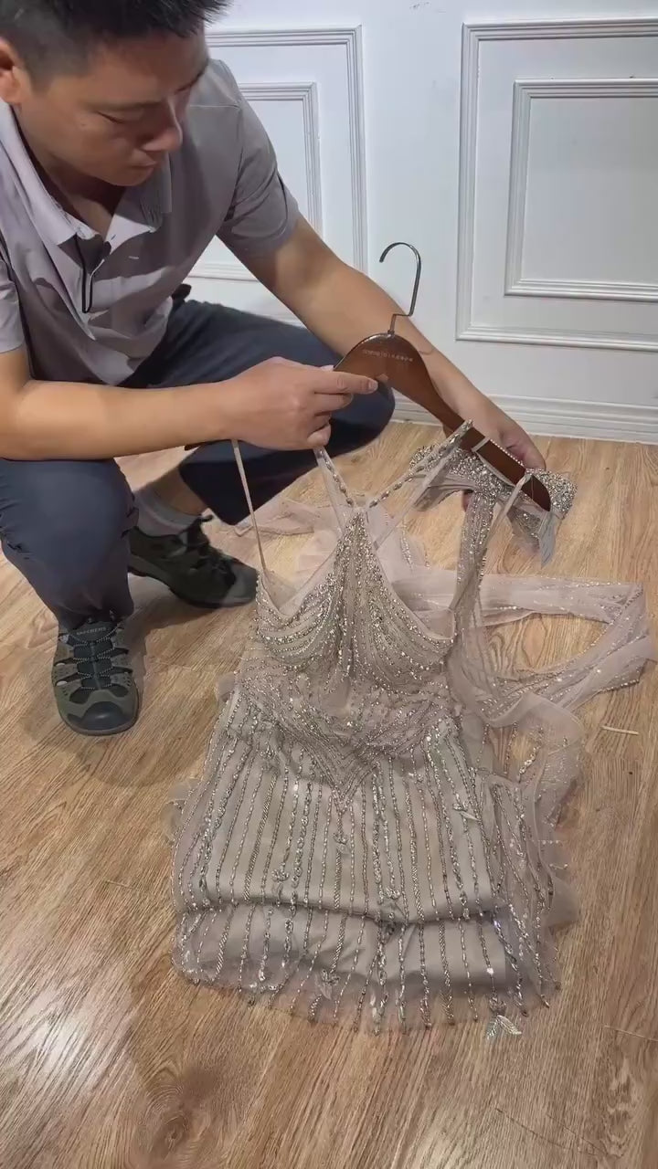 Women's Halter Neck Beaded Mermaid Evening Dress Nude