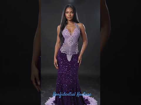 a woman in a purple sequin maxi dress with rhinestone beading at the front