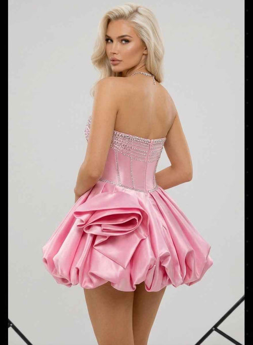 Blush Pink Strapless Mini Dress - with Rhinestone Corset