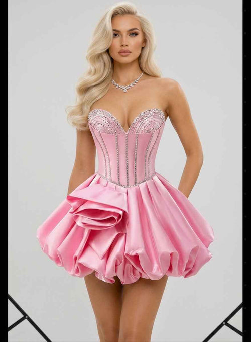 Blush Pink Strapless Mini Dress - with Rhinestone Corset