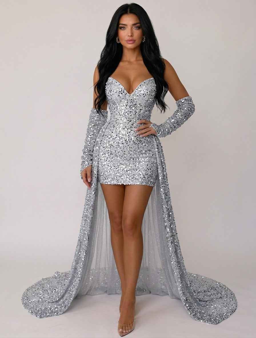 Glamorous Silver Sequin Mini Dress with Bow Back - Perfect for Parties