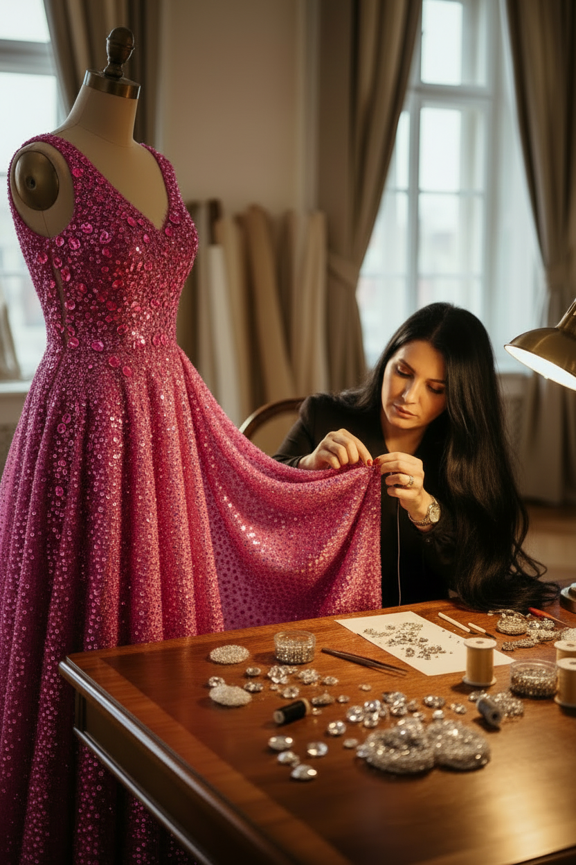 A woman in a jewelry-making studio sits at a wooden table surrounded by rhinestones and tools, while a large pink sequined gown displayed on a mannequin stands beside her.