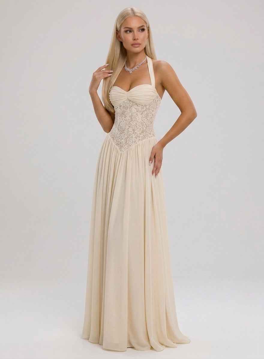 Women's Halter Lace-Up A-Line Maxi Evening Dress