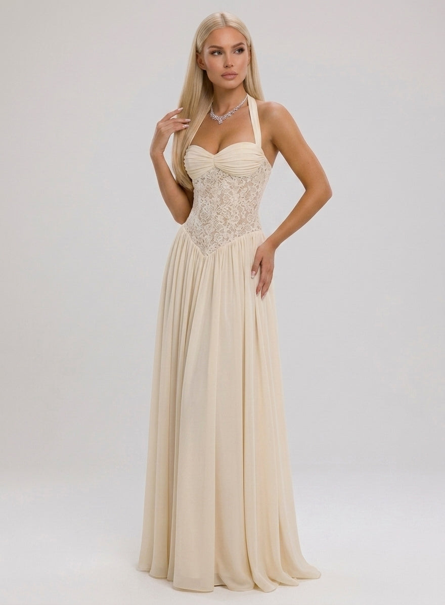 Women's Halter Lace-Up A-Line Maxi Evening Dress